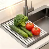 Fesatccoz Abtropfgitter Spüle, 17,7 x 12 Zoll Über dem Spülbecken Befestigbarer Geschirrtrockner Zusammenklappbar Edelstahl Küchenspülbecken Geschirrkorb
