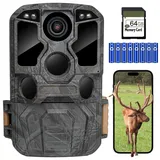 KJK Wildkamera mit Handyübertragung APP, 4K 84MP HD WLAN Bluetooth Wildkamera mit Bewegungsmelder Nachtsicht, 130 °Weitwinkel Wildtierkamera, IP67 Wasserdicht, 64GB SD Karte und 8*AA-Batterien