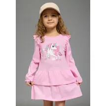Kidsworld Jerseykleid "Süßes Shirtkleide mit Einhorn-Druck", Mädchen, Gr. 140/146, N-Gr, rosa (pink), Single Jersey, Obermaterial: 100% Baumwolle, bedruckt, ausgestellt, Rundhals, mit Gummizug, Kleider Jerseykleid, für Mädchen, aus Single Jersey aus Baumwolle