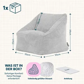 I.C.O.N. Icon Natalia Sitzsack Kinder, Grau, Flauschiger Cord Stoff, Sitzsack Cord mit Füllung, Bequemer Kinder Sessel, Kuschelsessel, Lese Sessel, Schlafzimmer, Kinderzimmer, Spielzimmer