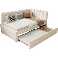 Ausziehbett 140 X 200 Cm Und 180 X 200 Cm Aus Samt Mit L-form-design, Gepolstertem Rückenlehne, Ohne Matratze, Beige