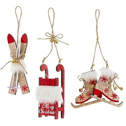 Holz-Hänger "Ski, Schlitten, Schlittschuh", rot, 8–14 cm, 3 Stück