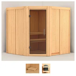 Sauna KARIBU "Jarin", beige (naturbelassen), ohne Ofen, (ohne Ofen), Saunen, ohne Ofen