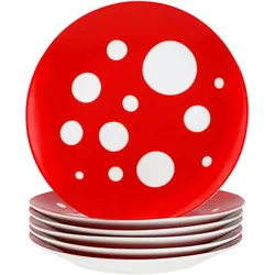 Pula rot 6er Set Kuchenteller Porzellan 6 Pers Dessert Frühstücks-Teller Punkte