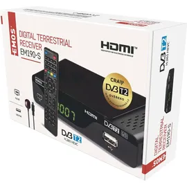 EMOS DVB-T2 Receiver H.265 HEVC mit USB, HDMI, SCART und Koaxial-Anschluss, Fernbedienung und Infrarot-Sensor, PVR, Mediaplayer und EPG Funktion, 1080p