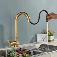 NIUKO Retro Küchenarmatur Ausziehbar, Wasserhahn Küche Messing Antik, Einhebel 360°Drehbar Spültischarmatur, Alle Kupfer Mischbatterie Küch Vintage Bronze Spüle Armatur mit Hohe Bogenauslauf