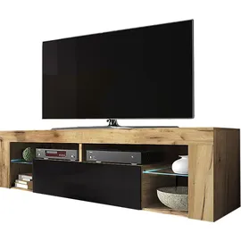 Selsey BIANKO Tv-lowboard in Lancaster Eiche mit Klappe in Schwarz Hochglanz mit LED-Beleuchtung Stehend 140cm