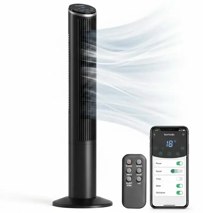 Komodo Breezi Turmventilator mit App & Fernbedienung, 3 Geschwindigkeitsstufen, 15 h Timer, Oszillation, Leiser Schlafmodus, LED-Display mit Temperaturanzeige, 50 W, Schwarz