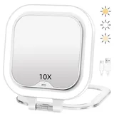 Kosmetikspiegel mit Beleuchtung, Wiederaufladbarer Reisespiegel mit Licht, 10-fache/1-fach Doppelseitige Tischspiegel,3 Farblichter, DimmbarerSchminkspiegel, Tragbarer Vergrößerungsspiegel mit Licht