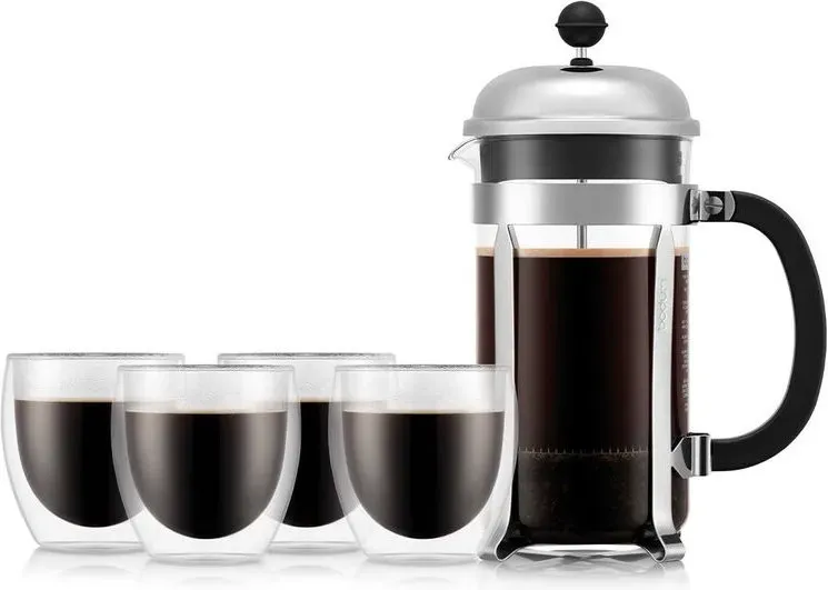 BODUM CHAMBORD 1L French Press Kaffeebereiter & 4 PAVINA Gläser 250ml