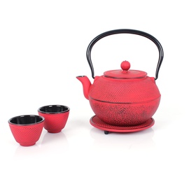 ECHTWERK Teeservice aus Gusseisen, Teekanne 1,1 L mit abnehmbarem Sieb, Teebereiter mit Untersetzer, Teekannen-Set Rot