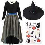 corimori Hexen-Kleid Kostüm-Set für Kinder | mit Hexenhut & Tattoos | Halloween Kinder-Kostüm | schwarz, Größe 110/116