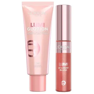 L'Oréal Paris Highlighter- und Blush-Set, Perfect Match Lumi Glotion, Farbe 901 Fair Glow, 40 ml sowie L'Oréal Paris Lumi Le Liquid Blush, Farbe Glowy True Rose 630, 10 ml