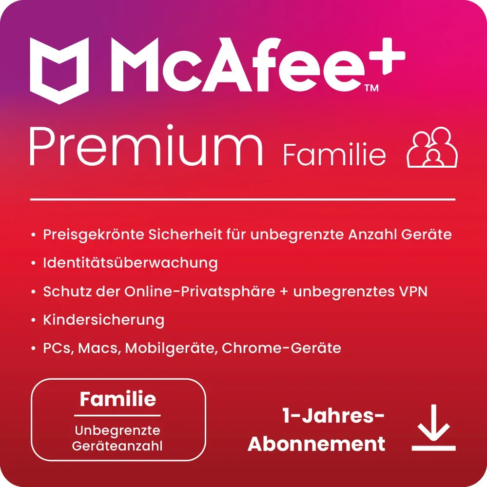 Preisvergleich Produktbild McAfee Plus Premium - Family Geräte unbegrenzt - 1 Jahr