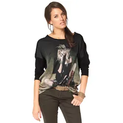 Langarmshirt, mit femininem Frontdruck, Gr. 42, schwarz-grasgrün-beige, , 215898-42