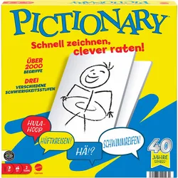 Pictionary Familienbrettspiel für Kinder und Erwachsene und Spieleabende mit abwischbaren Maltafeln und Stiften