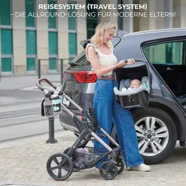 Kinderkraft MOOV2 AIR Kinderwagen 3 in 1 Kinderwagenset bis 26 kg mit Kindersitz I-SIZE 40-75 cm, Buggy Funktion, Liegeposition verstellbar, Große ausziehbare Verdeck, Aufblasbare Räder, Hellgrau