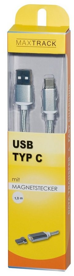 Maxtrack Smartphone-Kabel, USB, USB-A auf USB-C (100 cm), magnetisches USB-Kabel, A-Stecker auf C-Stecker silberfarben