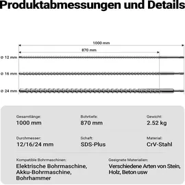 Wiltec Sds Bohrer Set 3 Teilig 1000 mm Ø12/16/24 mm