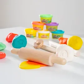 roba Knete Play-Doh Kompaktes Spielset mit FSC-Holzwerkzeugen 6 Knetdosen & Schürze