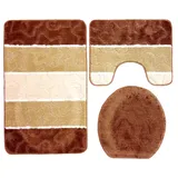 Orion Badgarnitur 3 TLG. Set 50x80 cm Mehrfarbig gestreift, WC Vorleger mit Ausschnitt für Stand-WC (Hellbraun beige Creme)