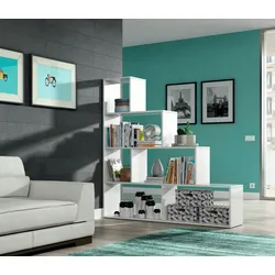 Dmora Buchhandlung Vancouver, Doppelseitiges Bücherregal mit 6 Einlegeböden, Trennregal mit Bürofächern, 145x29h145 cm, Glänzend Weiß