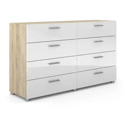 Petra Kommode 8 Schubladen Eiche Struktur Dekor und weiss Hochglanz.