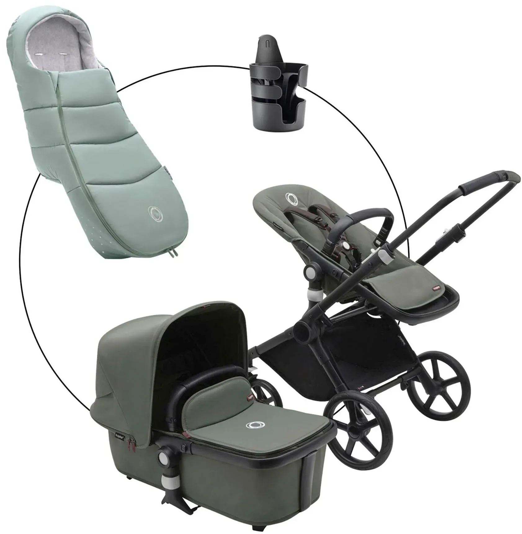 Bugaboo Fox Cub Kombikinderwagen Trio-Set inkl. Fußsack und Getränkehalter, schwarz | gruen