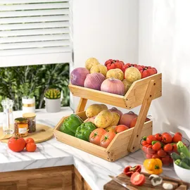 Relaxdays Obst Etagere Bambus, 2 Etagen, HBT 26,5x30x25 cm, Korbetagere, Obst, Gemüse & Gebäck, Obstschale Küche, Natur