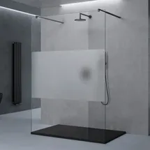 doporro Duschwand Duschtrennwand 130x200 Walk-In Dusche schwarz mit Doppel-Stabilisator aus Echtglas 8mm ESG-Sicherheitsglas Milchglas-Streifen