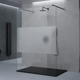 doporro Duschwand Duschtrennwand 130x200 Walk-In Dusche schwarz mit Doppel-Stabilisator aus Echtglas 8mm ESG-Sicherheitsglas Milchglas-Streifen