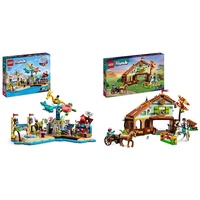 LEGO 41737 Friends Strand-Erlebnispark & 41745 Friends Autumns Reitstall Set mit 2 Spielzeug-Pferden, Kutsche und Reitzubehör