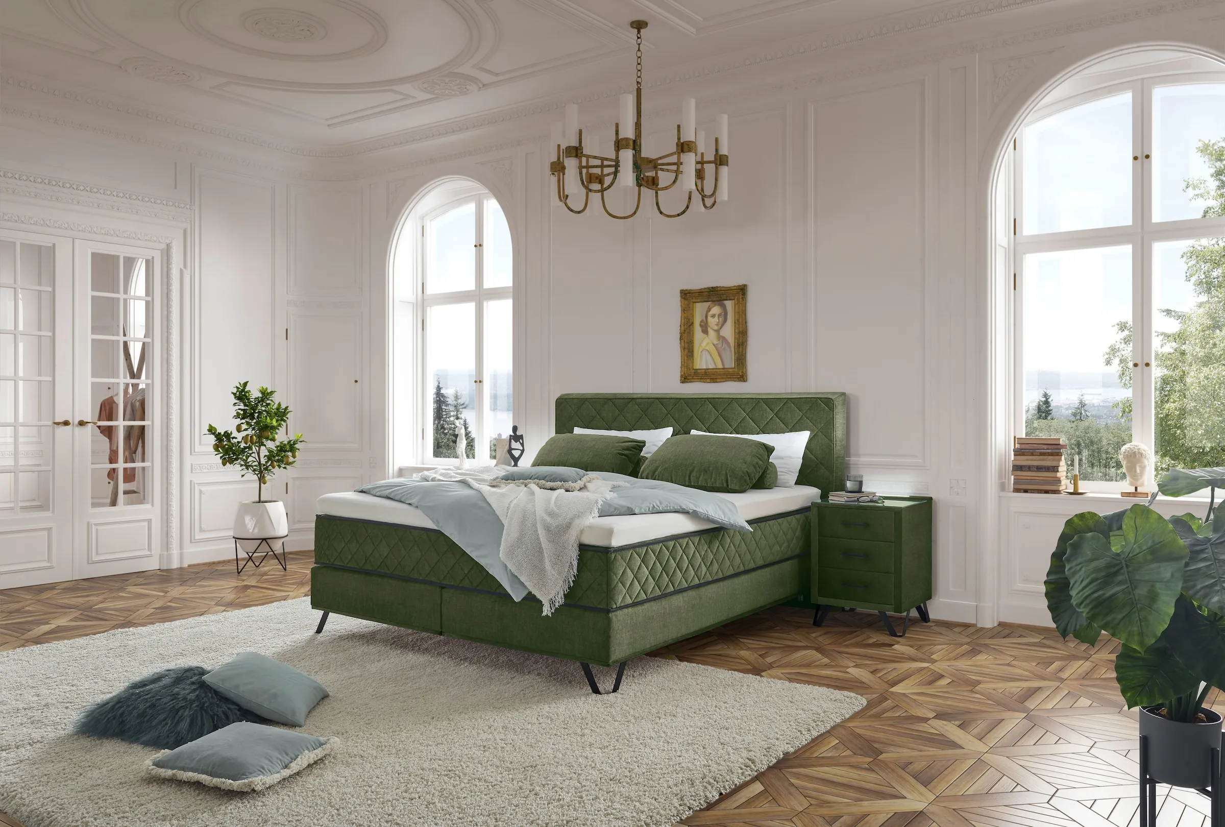 Boxspringbett »Diamond«, inkl. Duo-Wendematratze, wahlweise mit Gel- oder Kaltschaum-Topper, oliv, , 36078251-0 Microvelours   Kaltschaum-Topper