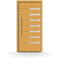Haustür Holz, Fichtenholz, Fichte Hell 110, sieben Glaseinsätze mit Edelstahl-Applikation, 85 x 200 cm, Modell Viersen, individuell konfigurieren