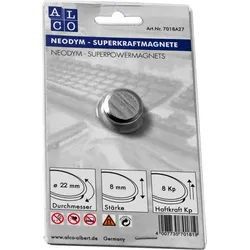 ALCO Superkraftmagnet Neodym Neodym (Nd) 22mm TG 8000 g silber gebürstet Packung mit 450 Stück