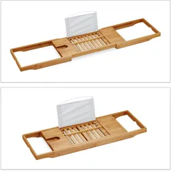 Relaxdays XL Badewannenablage, mit Buchstütze & für Tablet, Luxus Badewannenbrett, Bambus, ausziehbar 70-105 cm, natur