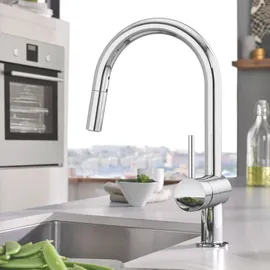 Grohe Minta Einhand-Spültischbatterie C-Auslauf, mit herausziehbarer Spülbrause, cool sunrise gebürstet