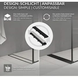 luxebath Duschrinne 90 cm 2in1, befliesbar, extra flach, Edelstahl, Schwarz,