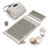 MyBeo Akupressurmatte mit Naturfasern, Akupressur Set mit Kissen + Massageball, Entspannung und Massage, Akupunkturmatte ideal bei Verspannungen von Rücken Nacken Füße, Beige