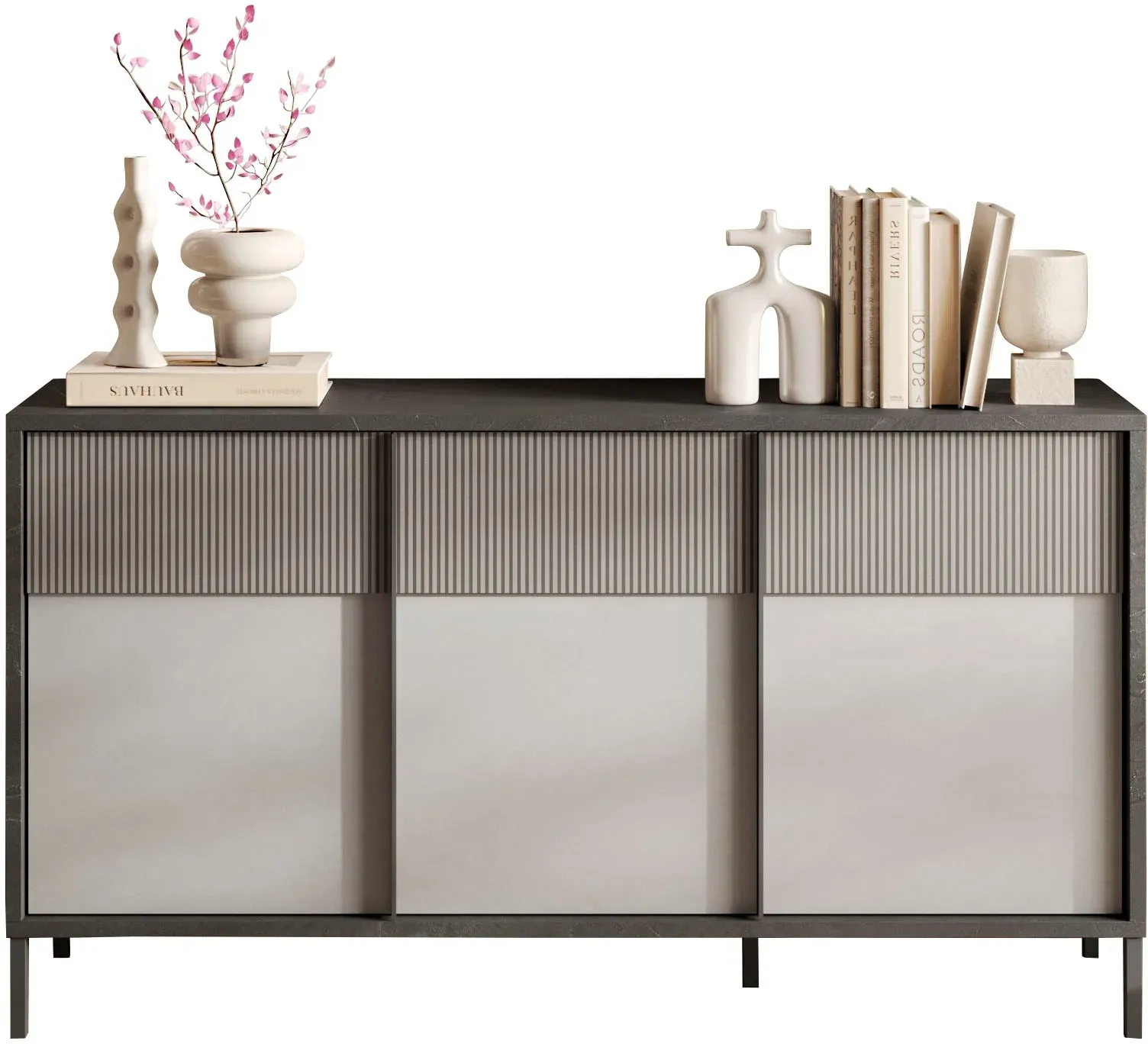 Sideboard INOSIGN "Everest Breite 156 cm, Kommode mit 3 Türen", grau (bleigrau, kreidegrau, absetzung steingrau (druck)), B:156cm H:86cm T:40cm, FSC-zertifizierter Holzwerkstoff, Sideboards, Anrichte, Soft/Self Closing, Korpus 22 mm