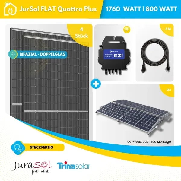 Balkonkraftwerk für Flachdächer APSystems - 1760 Watt 800 Watt - Bifazial Doppelglas - JurSol FLAT Quattro Plus