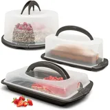 Hausfelder Kuchen Transportbox Set, 3er Set Kuchenbehälter und Transportboxen (Vorteilspack - 1 rund, 1 eckig für Blechkuchen, 1 rechteckig für Kastenkuchen)