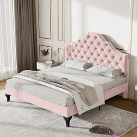 XDOVET Polsterbett mit Lattenrost und Kopfteil, Polsterbett mit höhenverstellbares Kopfteil, Holzlattenunterstützung,140*200cm - Rosa