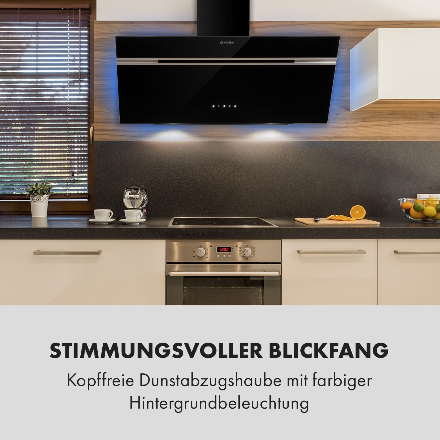 Alina Dunstabzugshaube 90cm 600 m3/h LED-Display Ambientelicht schwarz