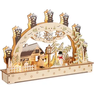 Brubaker 3D Lichterbogen LED Schwibbogen Weihnachtshaus im Wald mit Laternen - Weihnachtsbeleuchtung aus Holz Natur - 27 x 40 x 7,5 cm - Handbemalte Figuren - Weihnachtsdeko für Tisch Fenster