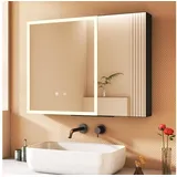 WDWRITTI Badezimmerspiegelschrank mit Beleuchtung 80 x 60 cm, Spiegelschrank Schwarz mit touch, 2 türen (Alu Schrank, Doppelseitiger Spiegel, 3Lichtmodi, Dimmbar, Anti-fog, Memory) mit Netzadapter, Verstellbare Glasböden schwarz