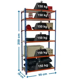 Simonrack Schwerlastregal, Lagerregal, 250x90x30 cm, Traglast pro Boden: 150 kg, 6 Stk., Stecken, Blau/Orange)