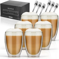 VALNOVA® Latte Macchiato Gläser [6x 350ml] - Doppelwandige Kaffeegläser Inkl. 6x Löffel - Cappuccino Gläser aus Borosilikat-Glas mit Thermo-Effekt für heiße und kalte Getränke