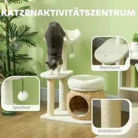 PawHut Kratzbaum 79 cm Katzenbaum mit Katzenhöhle, Bett, Spielbälle, Katzenkratzbaum mit Sisal-Kratzsäulen, für Katzen bis 5 kg, Cremeweiß