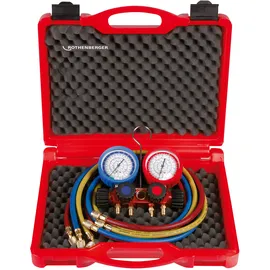 Rothenberger Monteurhilfe-Set 2-Wege Standard, R410A, mit Manometer,Pulse-free, Klasse 1.6, 3 Druckschläuche à 1500m im Kunststoffkoffer